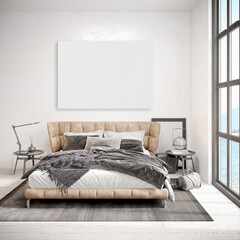 mock up poster frame in modern interior background, bedroom, Boho - Scandinavian style, 3D render, 3D illustration