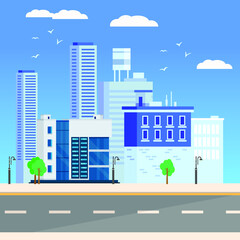 Urban landscape with large modern buildings and a road ahead. Business city urban landscape, vector illustration.