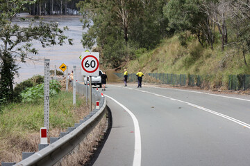 Colleges Crossing Road Closed Signs near Ipswich, Queensland Australia 1st March 2022. Worst...
