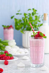 Raspberry milkshake non alcoholic cocktail. Raspberry smoothie weight loss concept.
