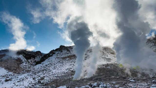 Timelapse footage of sulfur gas coming out from the rocky ground of Mount Io, Teshikaga, Hokkaido