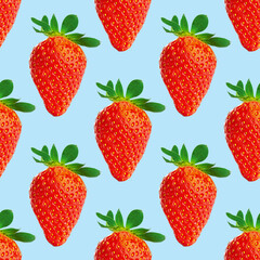 Strawberry seamless pattern. Ripe strawberries isolated on blue. package design background.