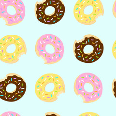 Seamless pattern the mouth bite of glazed strawberry, chocolate, white chocolate doughnuts with spinkles sugar, multicolor texture of pink, brown and yellow doughnut with sky blue background