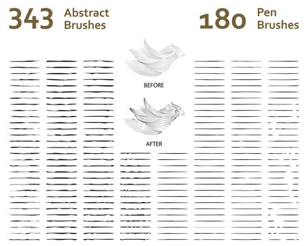 Set of 343 normal to unique abstract art brushes + 180 doodle pen art brushes for sketch, hair, thatch, fog, water ripple, grass, wood carving, lino cut, calligraphy. Created using AI CS6.