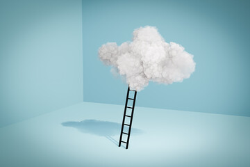 3d illustation render. Stepladder into clouds, entrepreneur business success concept.