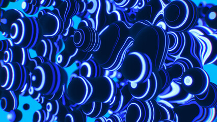 Title: 3D render of neural nanoparticles transforming with bioluminescence