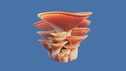 3D render of a stylized bouquet cluster of edible pink oyster mushrooms