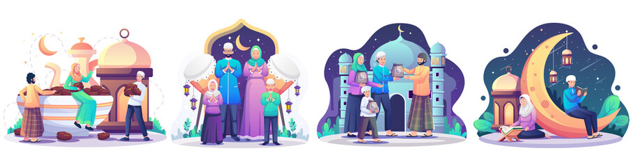 Fototapeta na wymiar Set of Ramadan concept illustration. Happy Muslim people celebrate Holy Month Ramadan, Iftar Party, Reading Qur'an, Taraweeh, Eid Mubarak greeting. vector illustration