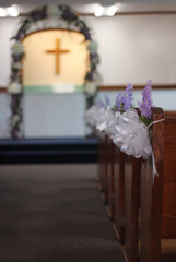 Interior of Small Rural Wedding Chapel Decorated For Wedding, Shallow DOF