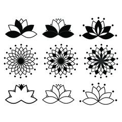 Obraz premium Set of stylized lotuses. Collection of lotus flowers for a logo. Black white vector illustration. Tattoo. Isolated on a blank background which can be edited and changed colors.