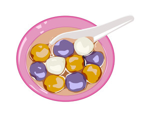 Isolated yellow, white and purple tang yuan in pink bowl. Glutinous rice balls and spoon on white background vector drawing. Colorfull Chinese sweet. Traditional Asian sweet.   