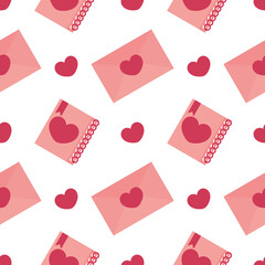 seamless pattern of love letters and notebooks on white background