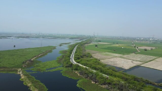 Aerial drone shot of a beautiful road surrounded by agricultural land on one side and ocean on the other side.