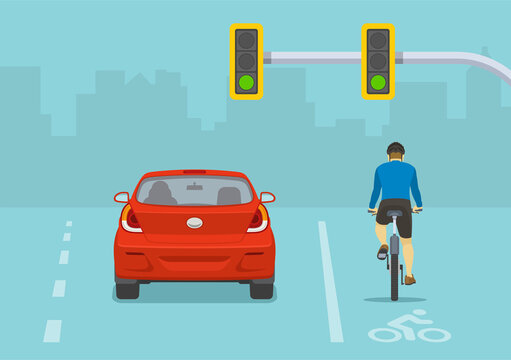 Safety car driving. Traffic regulation rules and tips. Back view of sedan car and cyclist at traffic lights on a blue background. Bike rider on a bike lane. Flat vector illustration template.