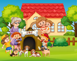Obraz na płótnie Canvas Outdoor scene with children and their dogs