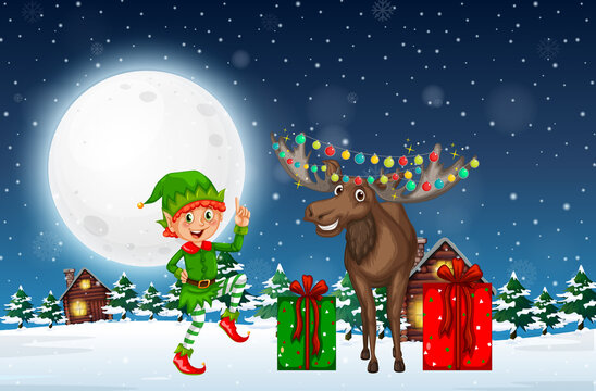 Snowy winter night with Christmas elf and reindeer
