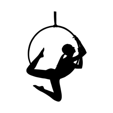 recommend clip art: Aerial female gymnast silhouette in hoop. Aerial gymnastics stunt. Vector illustration isolated on white background