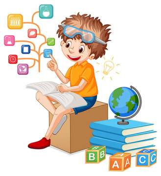 A boy read books on white background