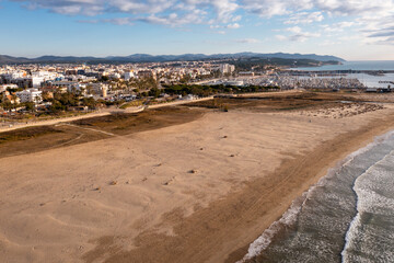 Fototapeta na wymiar Aerial photo of Vilanova i la Geltru with view of beach on shore of Mediterranean Sea.