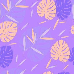 Fototapeta na wymiar seamless pattern. Monster leaves in purple and beige on a lilac background. Vector illustration EPS8