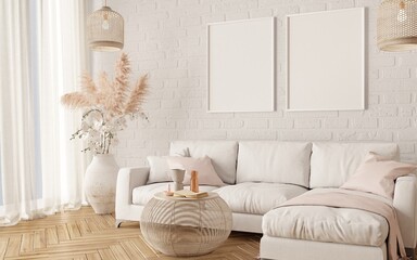 Mockup frame in interior background, living room in light pastel colors, Scandinavian-Boho style, 3d rendering