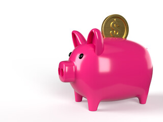 Piggy bank and gold coins with dollar sign. Money saving, profit, investment concept. 3D Rendering