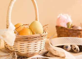 Easter basket with eggs. The Easter table is decorated. Close-up. Selective focus