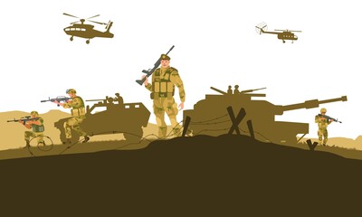 armed soldiers fighting at the front. heroic soldiers defending their country. War themed vector illustration.
