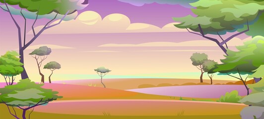Fototapeta na wymiar Morning africa landscape. Beautiful sunrise at pink twilight. Scene with sand and plants. Savannah in desert. African acacia trees. Vector