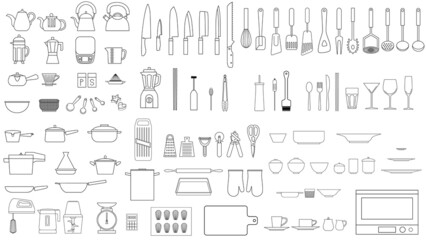 Line drawing icon illustration of kitchen utensils.