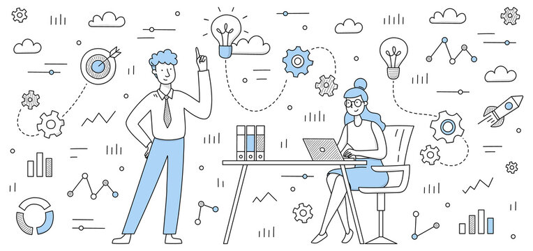 Business Team Develop Idea Doodle Concept, Colleagues Work Together With Laptop Thinking Creative Solutions With Infographic Icons Around. People Teamwork Brainstorm In Office Line Vector Illustration