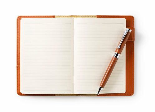A leather notebook and pen set against a white background.
