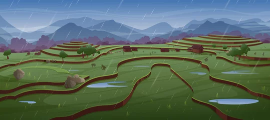 Fototapeten People work on rice fields in rain. Green paddy terraces and farm houses. Vector cartoon illustration of asian rural landscape with crop plantation on hills, village and mountains at rainy weather © klyaksun