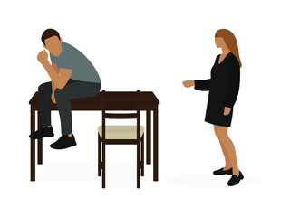 A male character is sitting on a table and a female character is standing nearby on a white background