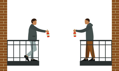 Two male characters clink bottles of alcohol while standing on opposite balconies