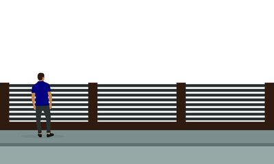 Male character stands and looks behind the fence on a white background