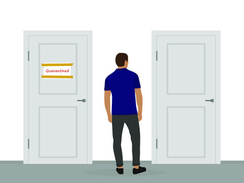 A male character is standing in front of two doors, one of which has a "Quarantine" sign