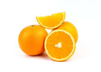 Ripe orange fruit on white background. Round orange slice.