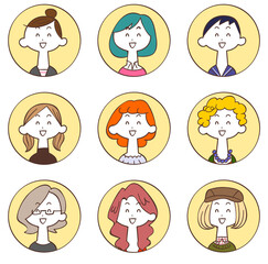 円形で囲まれた9人の若い女性の笑顔のアイコン2
