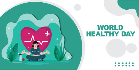 Vector greeting card template with people leading an active healthy lifestyle. Concept for World Health Day and other uses. Yoga people design elements are good for health
