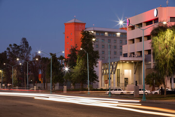 Nighttime view of the downtown cityscape of Mexicali, Baja California, Mexico.