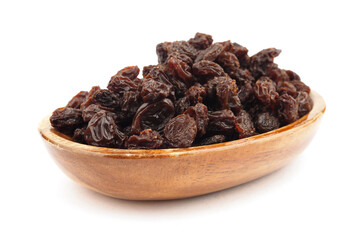 Organic dried Raisins in wooden bowls on white background, Currant