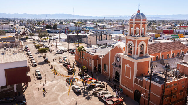 Daytime view of a historic church in downtown Mexicali, Baja California, Mexico.