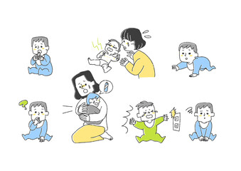 赤ちゃんが遭遇するかもしれない事故や問題のセット　コミカルな手書きの人物　
