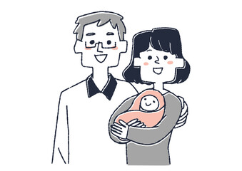 赤ちゃんを抱っこしているママと並んでいるパパ　コミカルな手書きの人物　