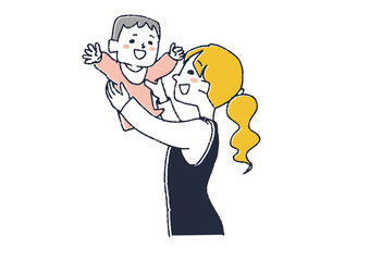 赤ちゃんを抱き上げているママ　コミカルな手書きの人物　ベクター、線画にシンプルな色つけ　