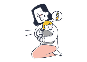 電池（異物）を誤って飲み込んでしまった赤ちゃんの背中を叩く母親　誤飲　コミカルな手書きの人物