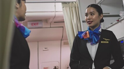 Two Asian female air hostess talking together at the galley while taking a break on airplane. cheerful flight attendants at the food preparation area