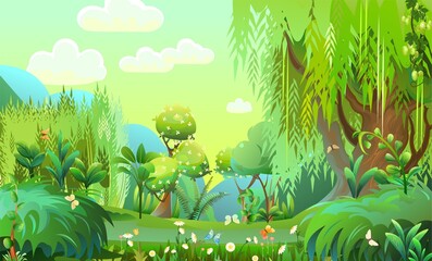Fairy forest. Wild flowers and butterflies. Mature willow trees. Morning sky. Dense thickets with flowers and butterflies. Beautiful summer landscape. Fun cartoon style. Cute nature scene. Vector - obrazy, fototapety, plakaty