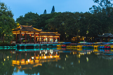 Fototapeta na wymiar Xihu, West Lake, park located in Fuzhou of Fujian, China at night